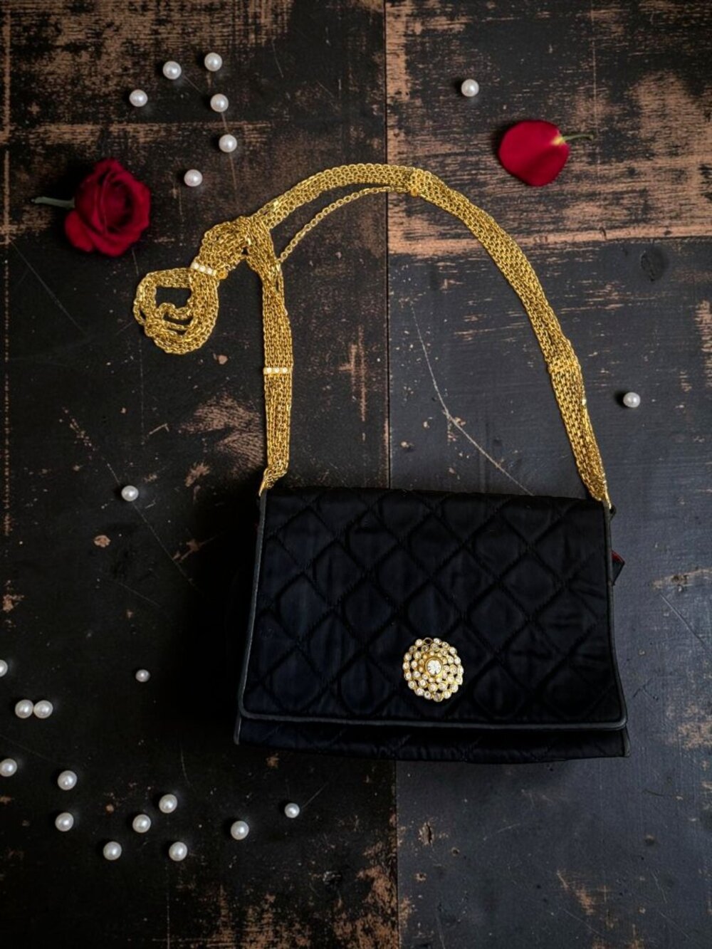 CHANEL Vintage Matelasse Black Silk Leather Rhinestone Chain Shoulder Bag